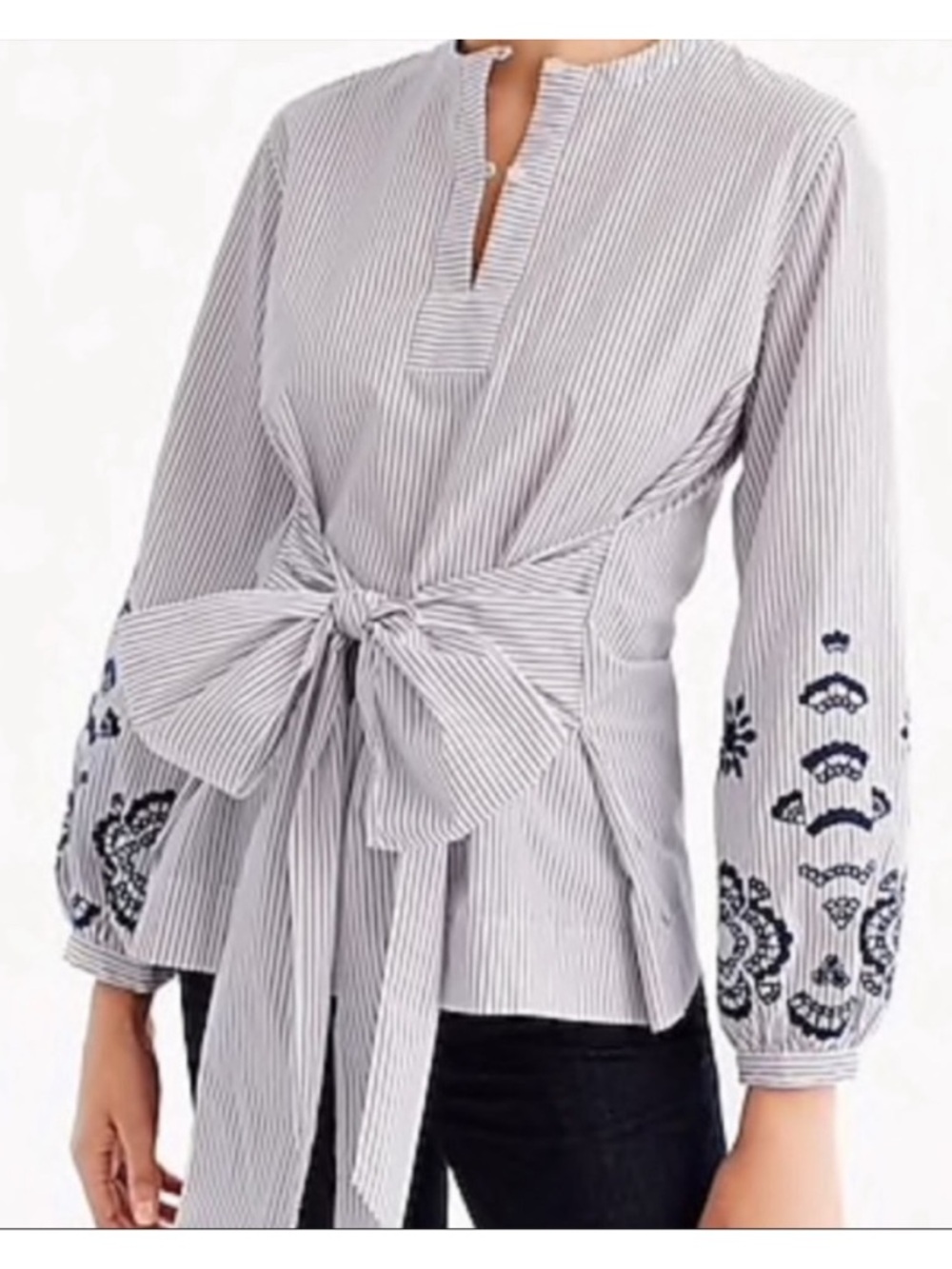 J. Crew Embroidered tie-front Top Stripe Bishop Sleeve Mandarin Collar Cotton